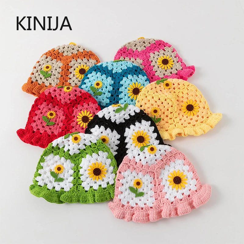 Crochet Korean Handmade Bucket Hat Women Weaving Knitted Hat Y2k Fashion Flowers Autumn Winter Beanies Street HipHop Bonnet Cap