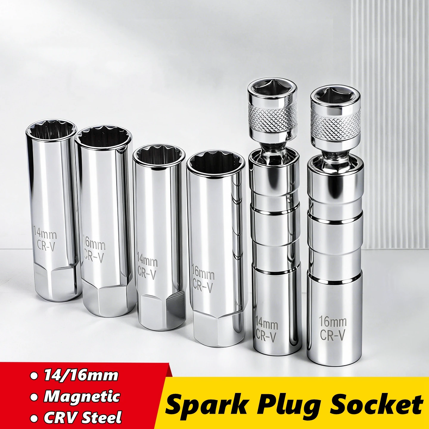 Motor-Zündkerzen-Steckschlüsseladapter 14mm 16mm – Montage-, Austausch- und Reparatur-Kit mit schwenkbarem Drehmoment, magnetischem Ausbau- und Spaltwerkzeug