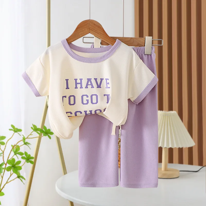 2 3 4 5 6 8 Years Summer Girls Clothing Set Cartoon Pattern Letter Print T-shirt+Pants 2Pcs Suit For Children Casual Outfit