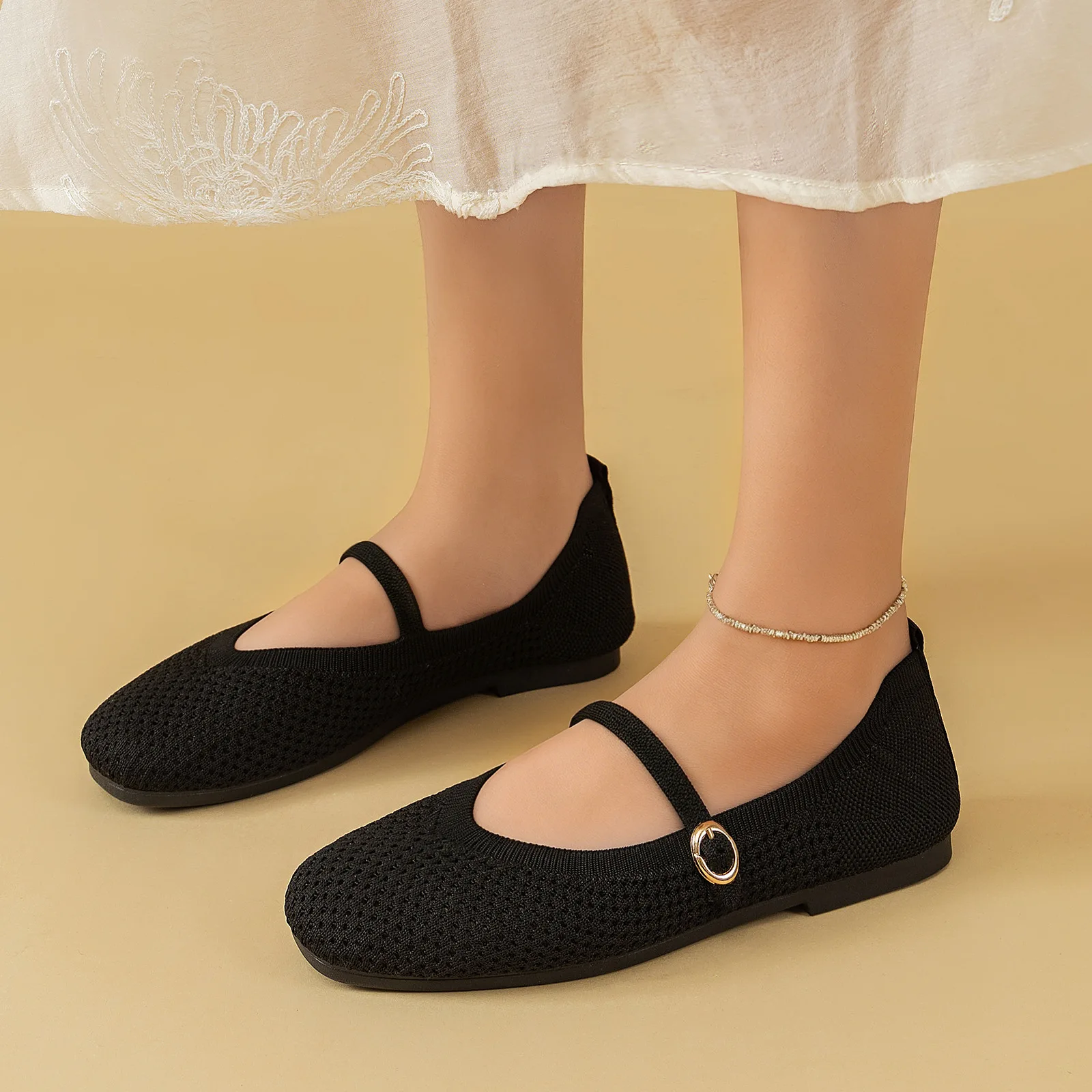 Sommerliche Damen-Mary-Jane-Schuhe mit Lochmuster, weicher flacher Sohle, leichtem Schnallenverschluss, atmungsaktiv, lässig, modisch, Ballerinas – Detail 4