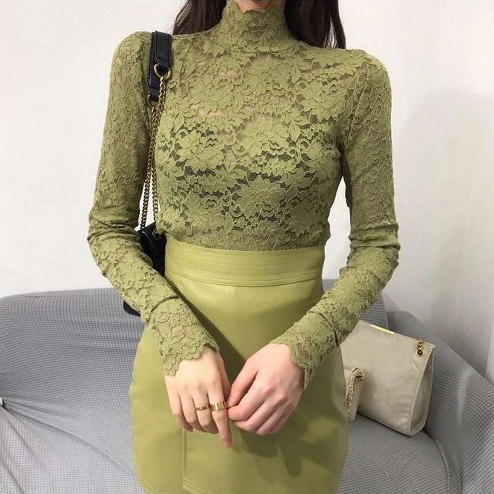 

Perspective Flowers T Shirt 8 Women Colors S-3XL Trendy Lace Top Turtleneck Elastic Lightweight Floral Crochet Lace Tunic Tops