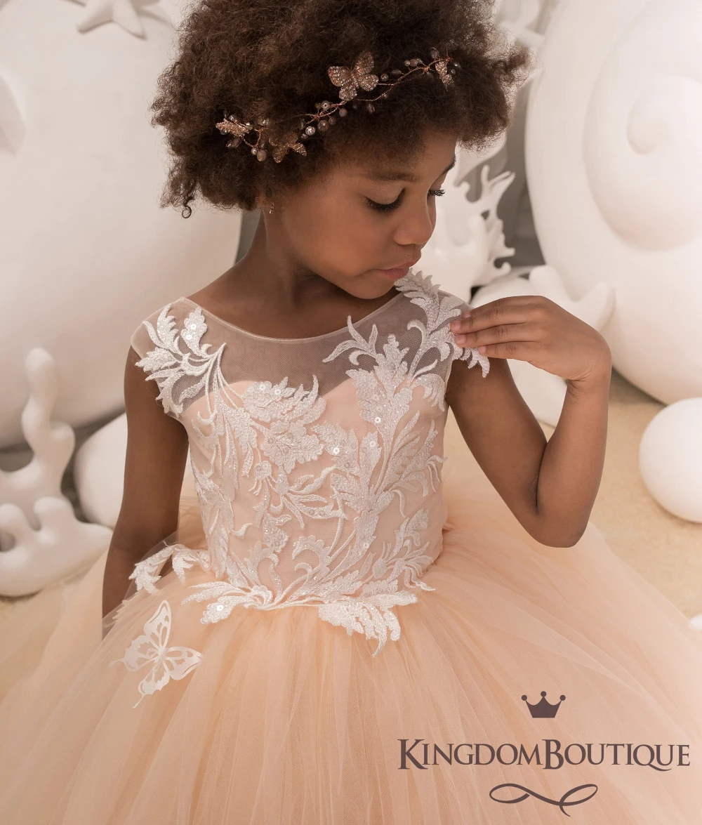 Lorencia Blush Flower Girl Dresse Voor Bruiloften Vlinder Gelaagde Peuter Prinses Optocht Jurken Party Tule Kid Prom Dress Yfd63