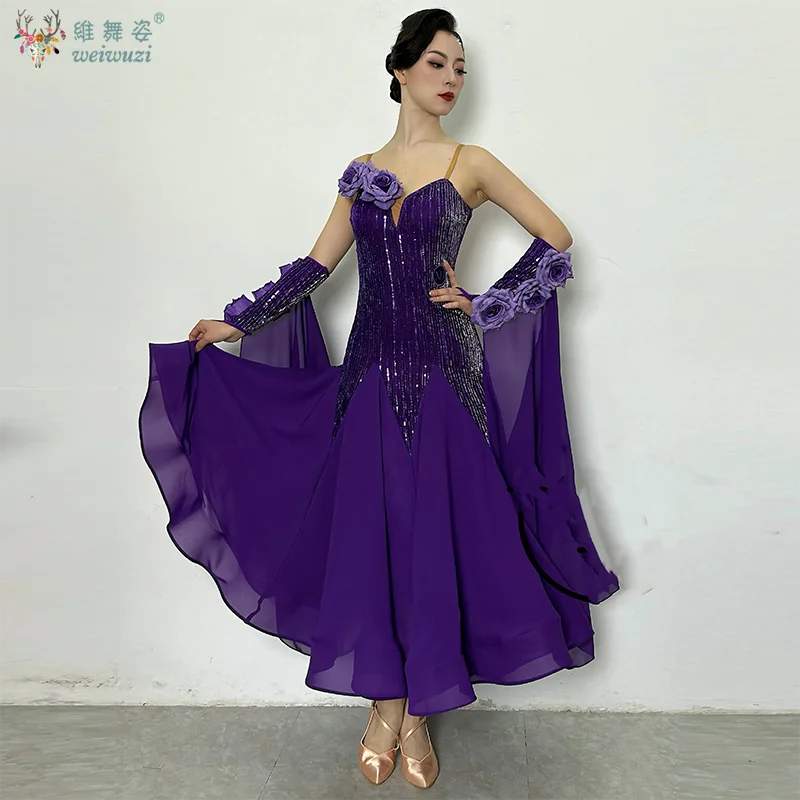 

Women Adult Ballroom Dance Luxury Long Sleeves Professional Dresses Waltz Foxtrot Tango Art Examination Modern Dancing Clothing