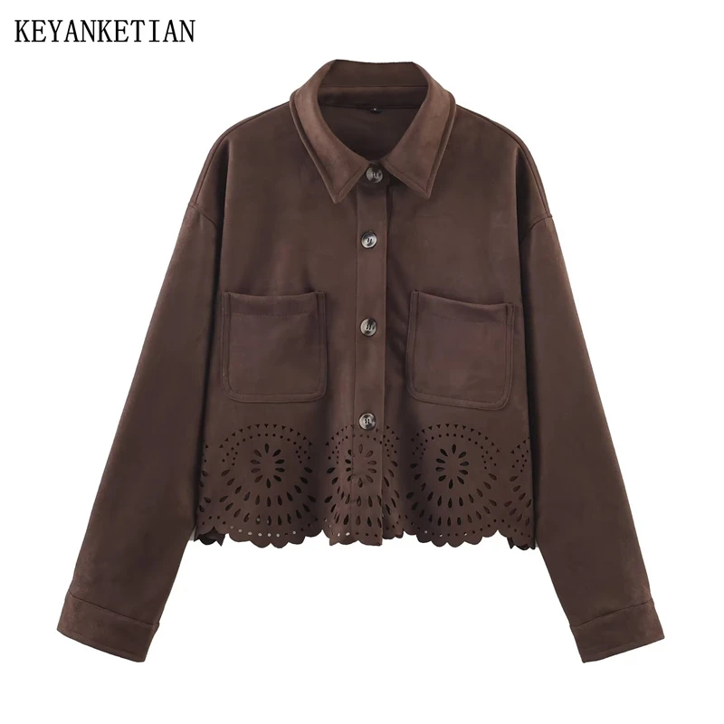 

KEYANKETIAN Autumn New Women's Casual Loose Hollow Hem Single Breasted Double Pocket Suede Texture Jacket Women