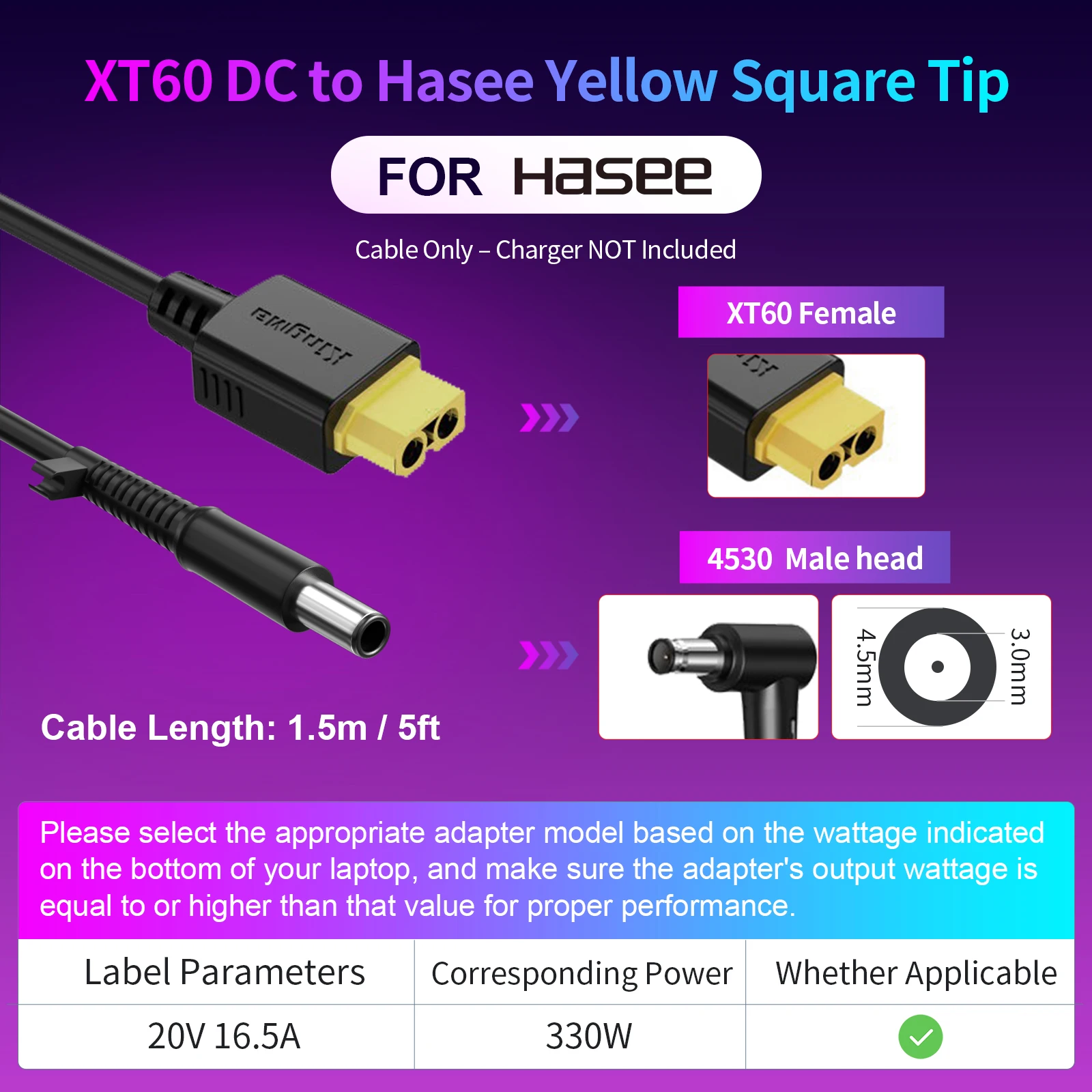 330W GaN-oplader, XT60 naar DC-kabeladapter, vervanging voor Lenovo, ASUS, Dell, Alienware, HP, Acer, MSI, Razer, Xiaomi laptops