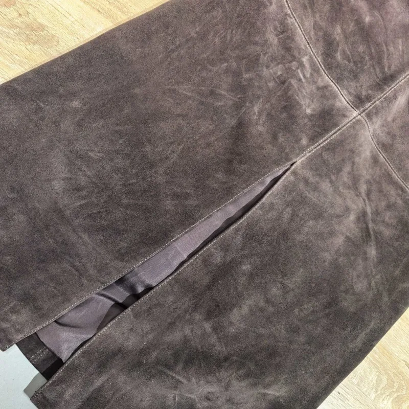 Retro Ladies Solid Color Genuine Leather Suede Long Skirts 88cm High Waist Belt Sheepskin Handmade Knee Length Skirt Vintage