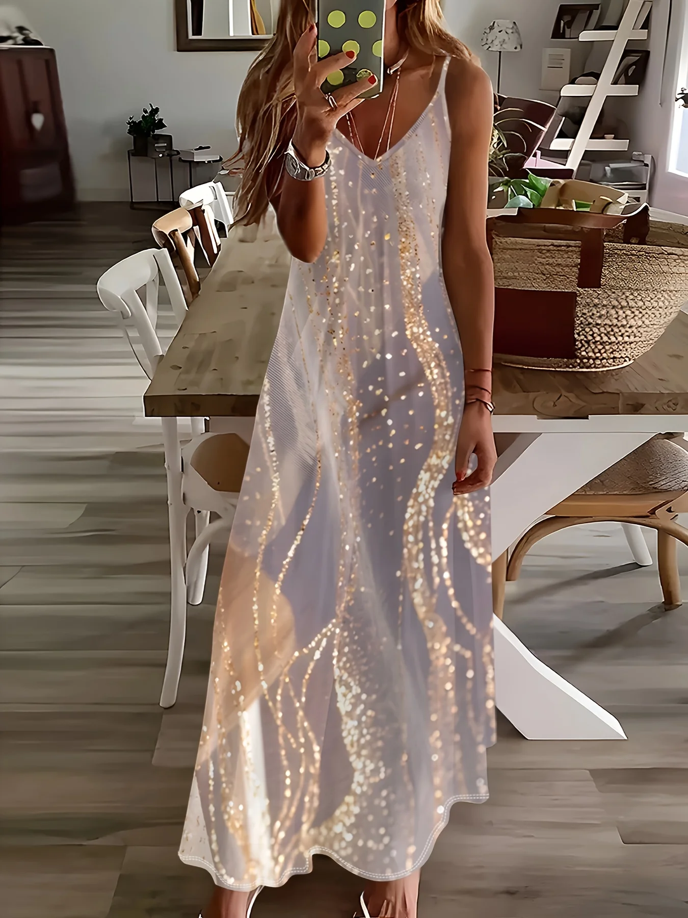 

Летнее платье для женщин с золотым блестящим волнообразным принтом, без рукавов, макси-платье для пляжных вечеринок, повседневный свободный сарафан