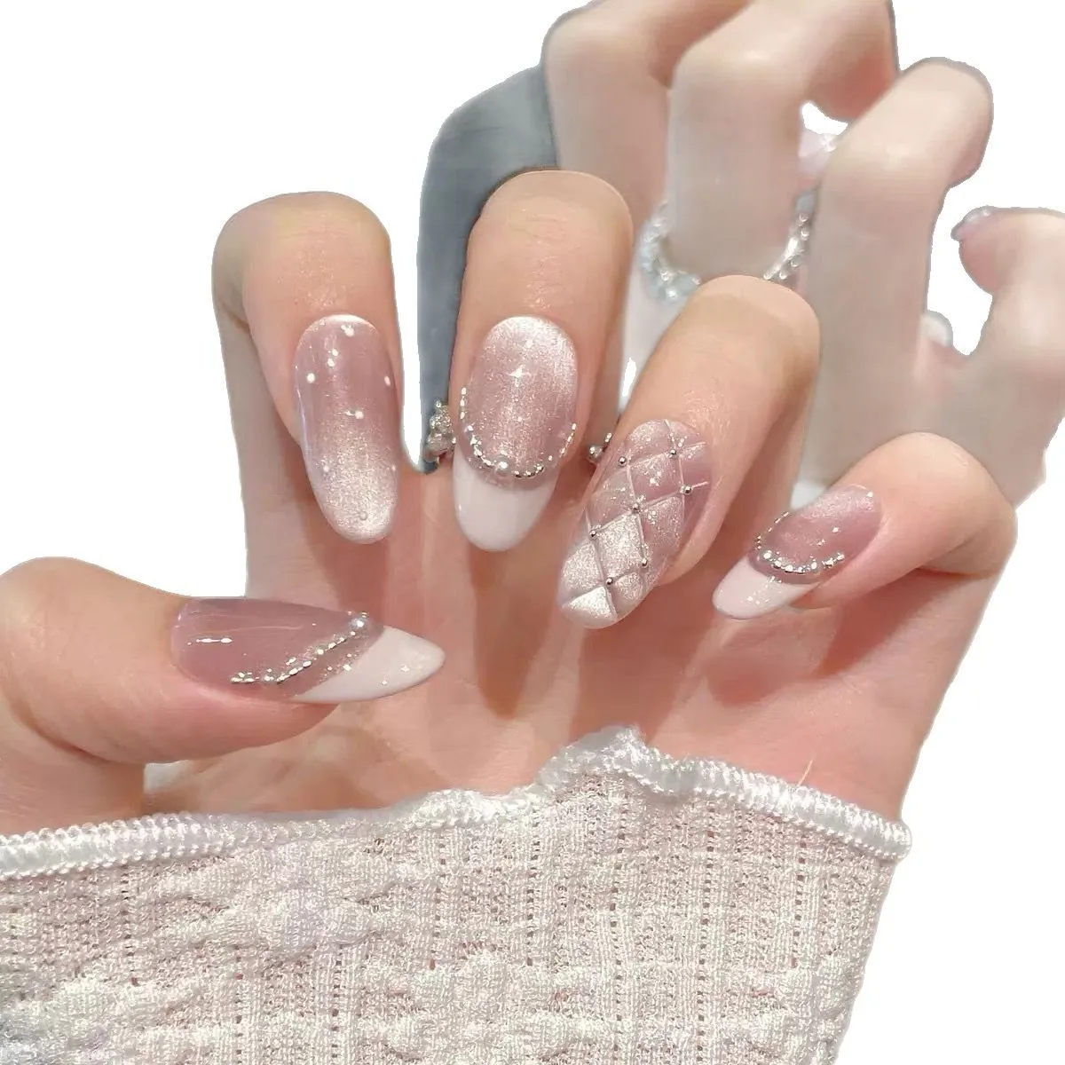 10 قطعة اليدوية الماس نمط اللؤلؤ مسحوق اضغط على الأظافر الفرنسية القط العين القوس أظافر صناعية للنساء فتاة للإزالة يمكن ارتداؤها مسمار