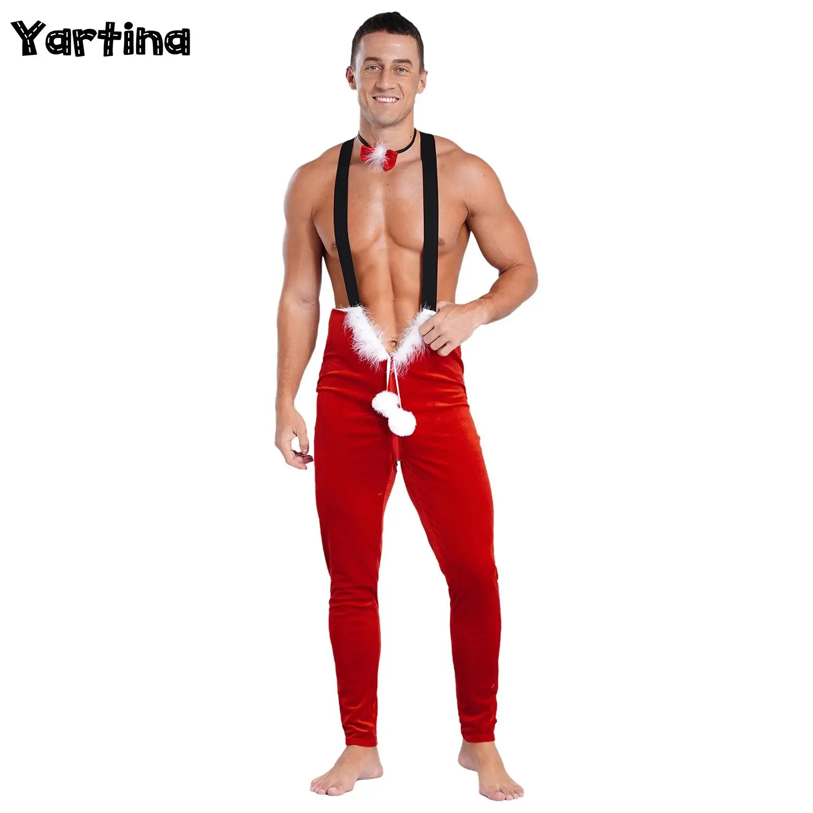 Body rojo de Navidad de terciopelo para hombre, disfraz de Papá Noel, disfraz de Papá Noel, mono con correa elástica y cremallera con lazo