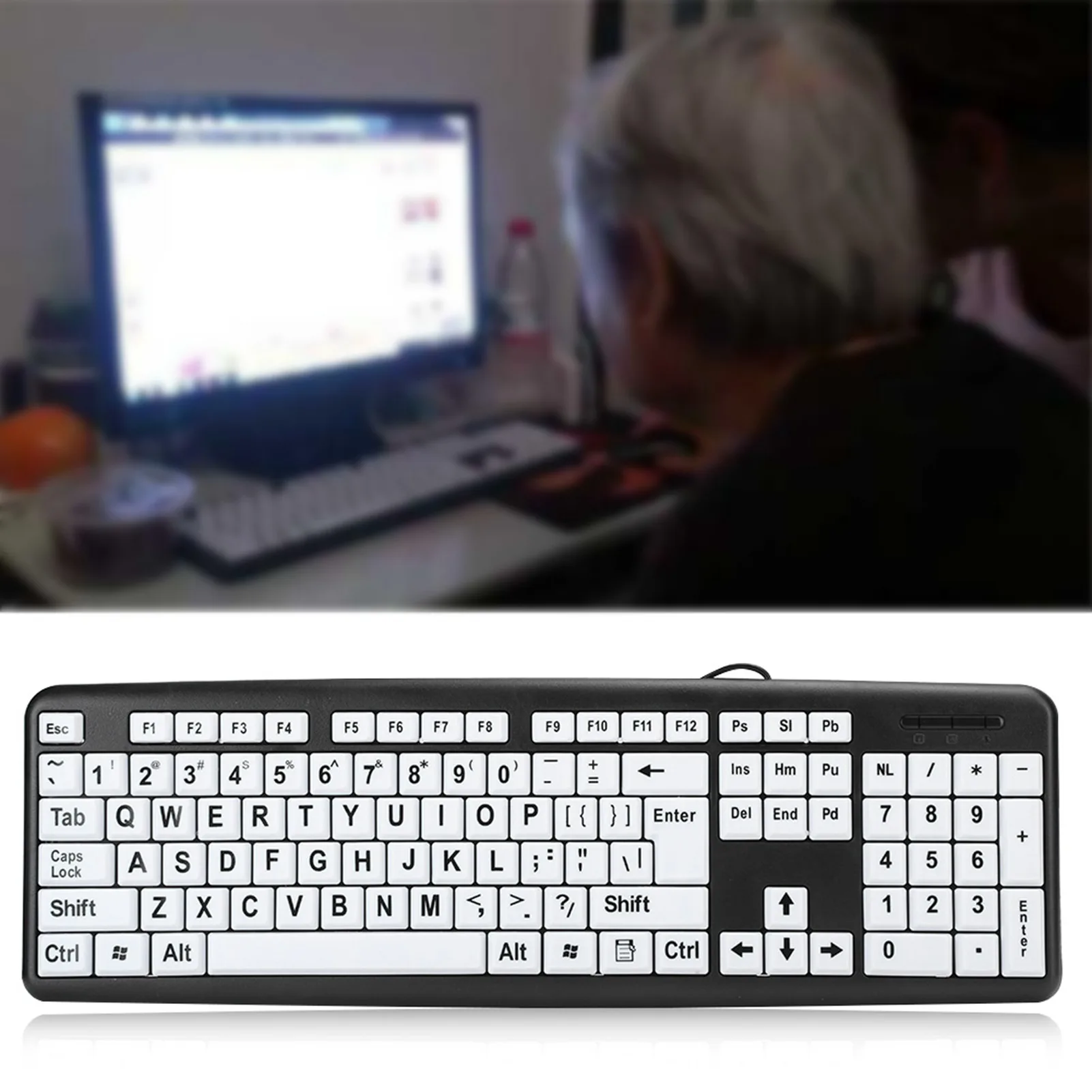 

Low Vision Keyboard Black Low Vision Keyboard USB Wired Old People Keyboard with White Large Print Keys Large Print Keyboard