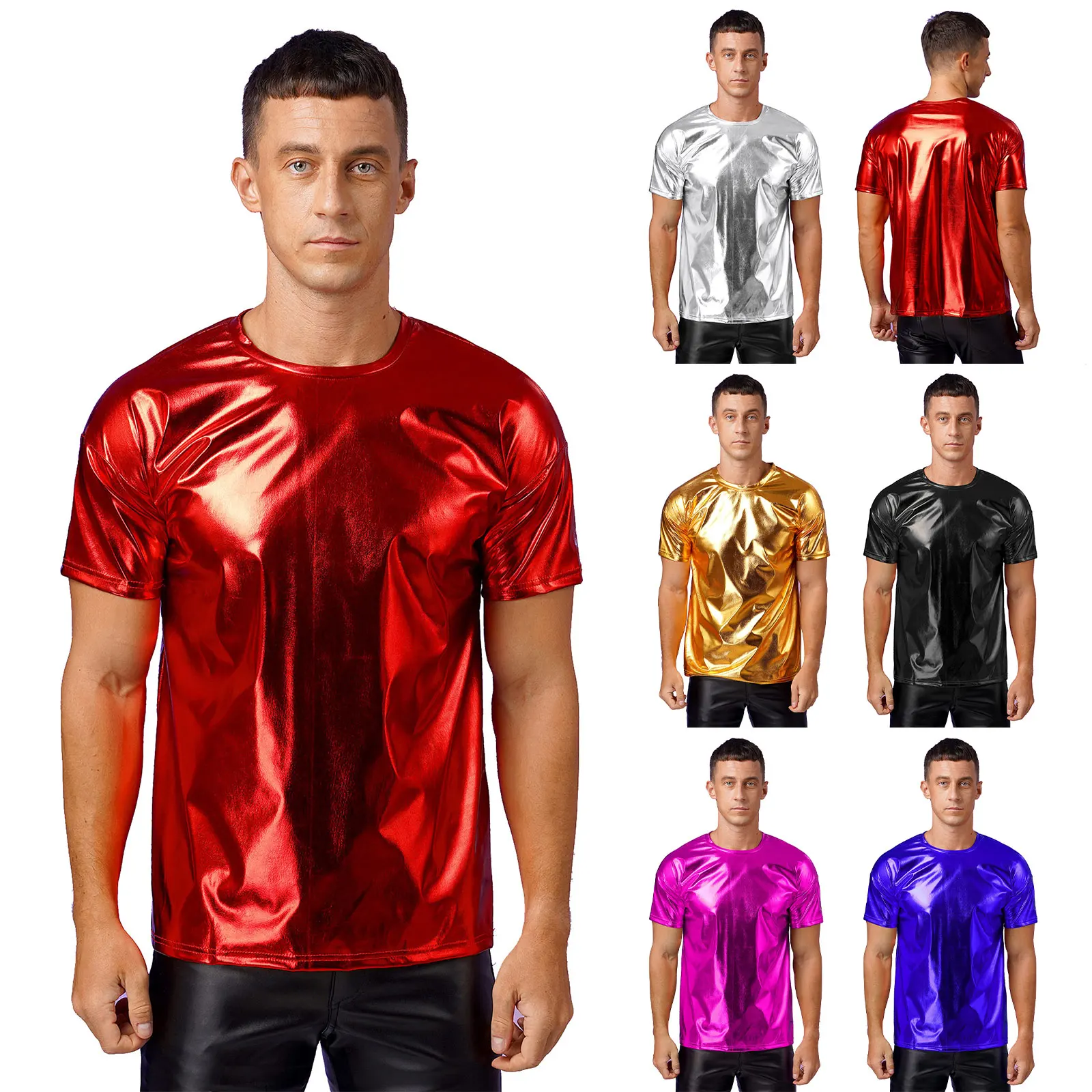 Mens Metallic Shinny Rave Dance Top Short Sleeve T-shirt Tops Round Neck Streetwear Music Festival Disco Pole Dance Clubwear