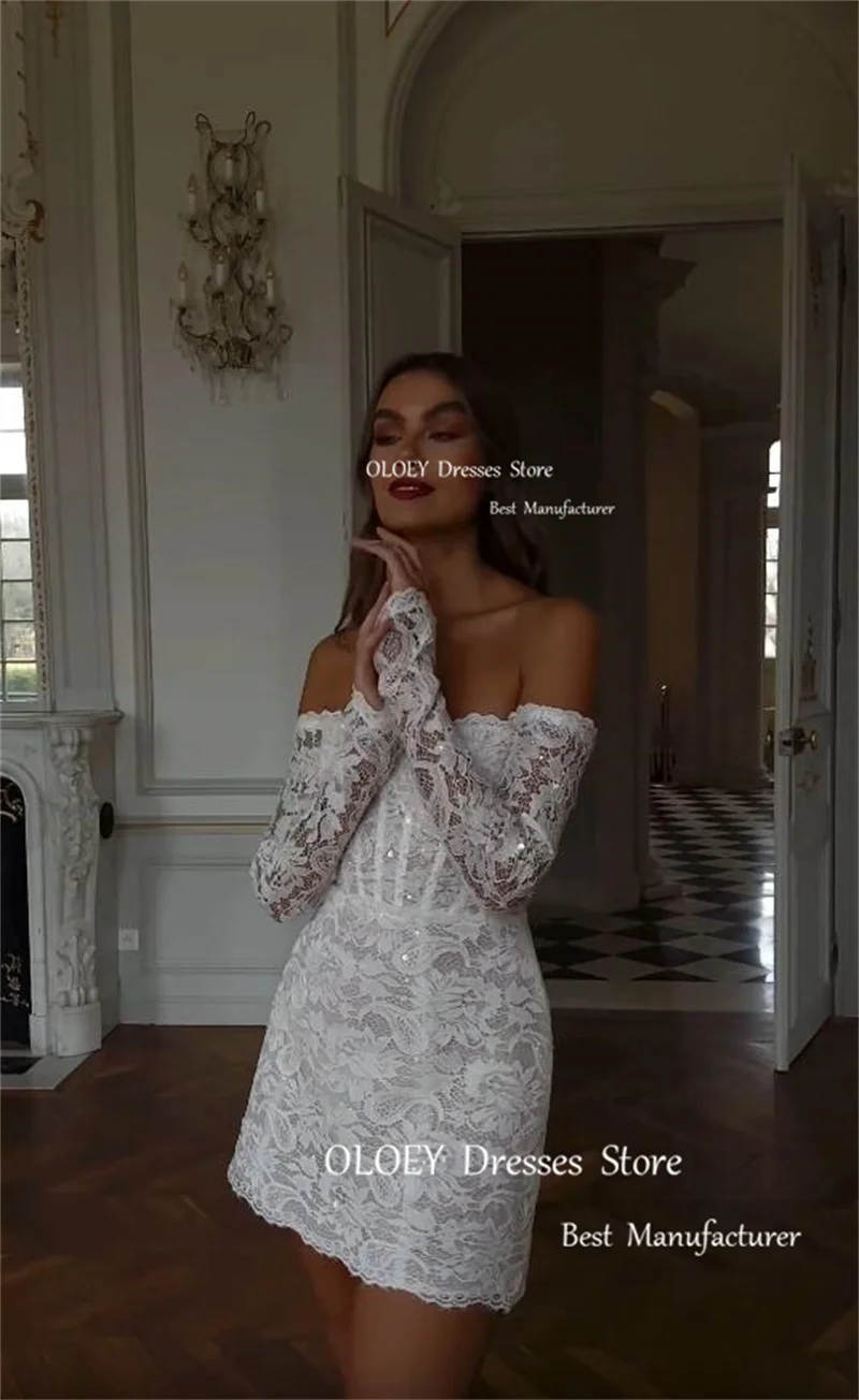 OLOEY Shiny Full lace Mini Short Wedding Dresses Off Shoulder Long Sleeves US Women Bride Dress Customised Party Bridal Gowns