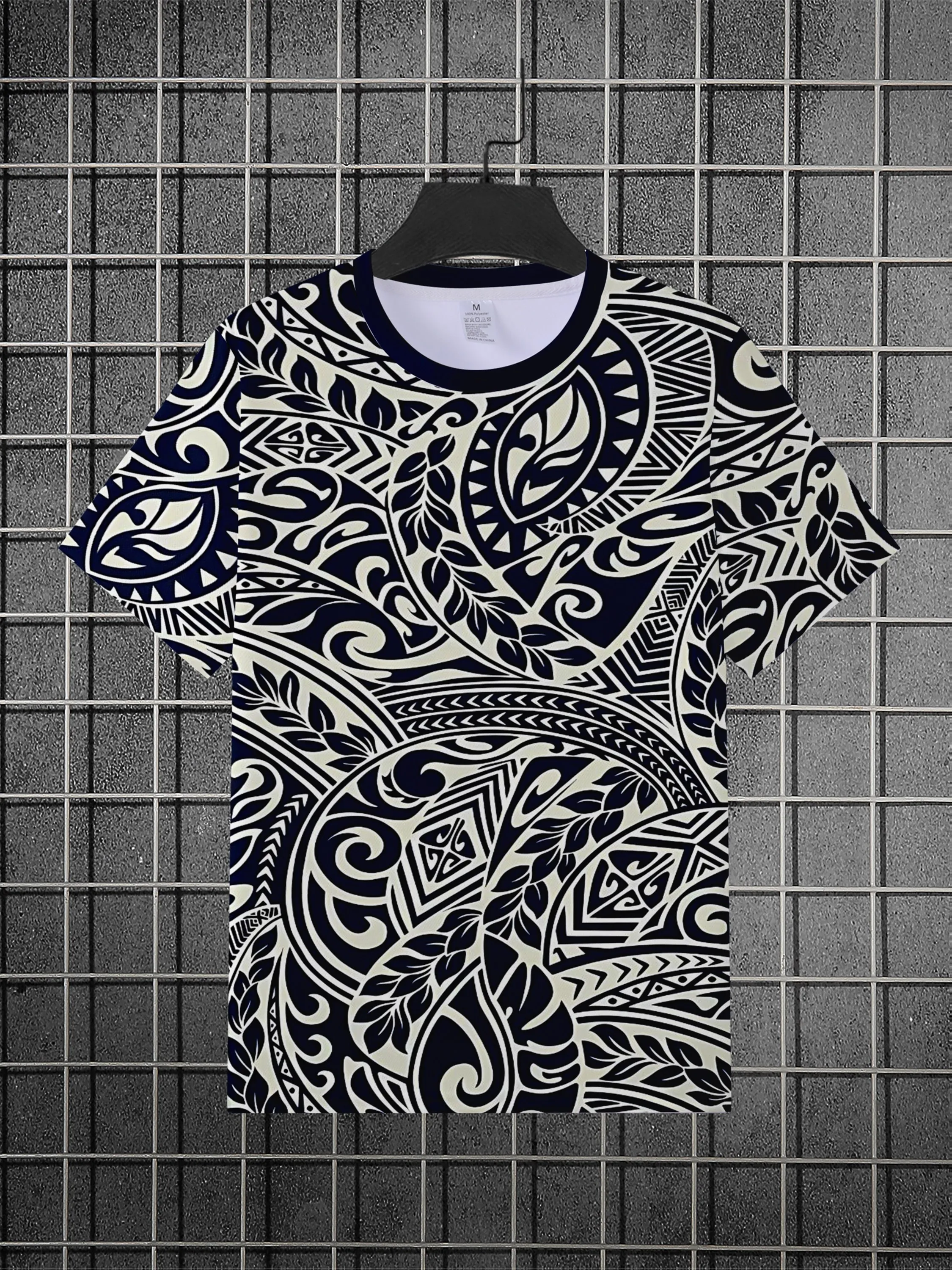 Men 3D Print T-Shirt Navy White Polynesian Tribal Leaf Swirl Pattern O Neck Short Sleeve Casual Summer Streetwear Tee