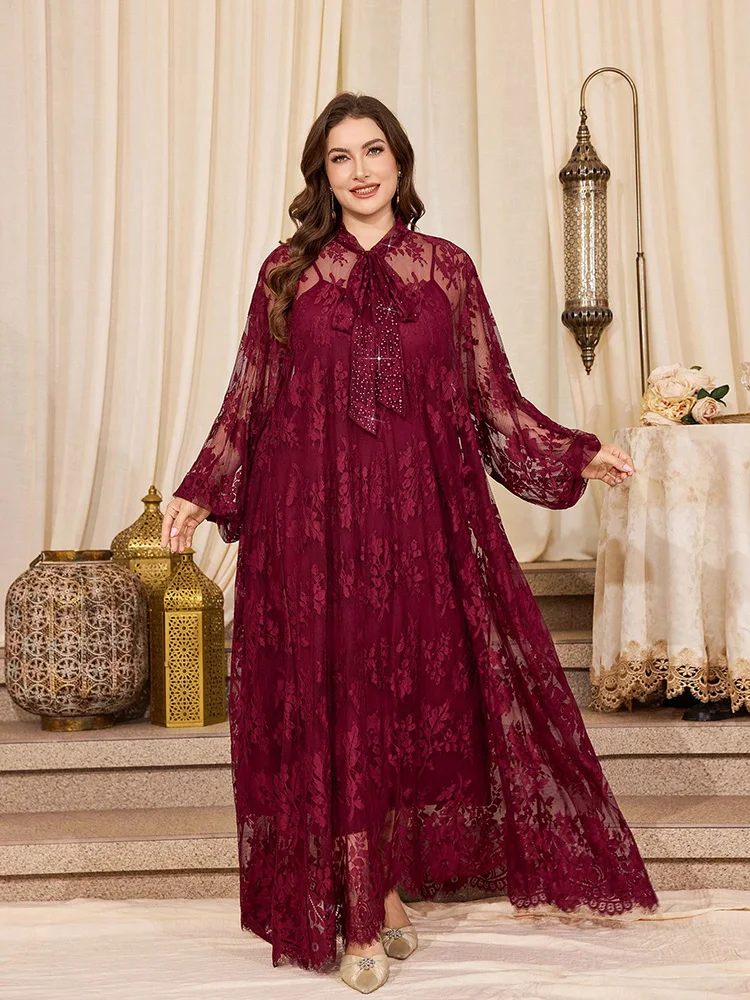 

TOLEEN Plus Size Women's Breathable Lace Floral Puff Sleeve Dress With Spaghetti Elegant Beaded Tie-Waist Two Pieces Set Summer