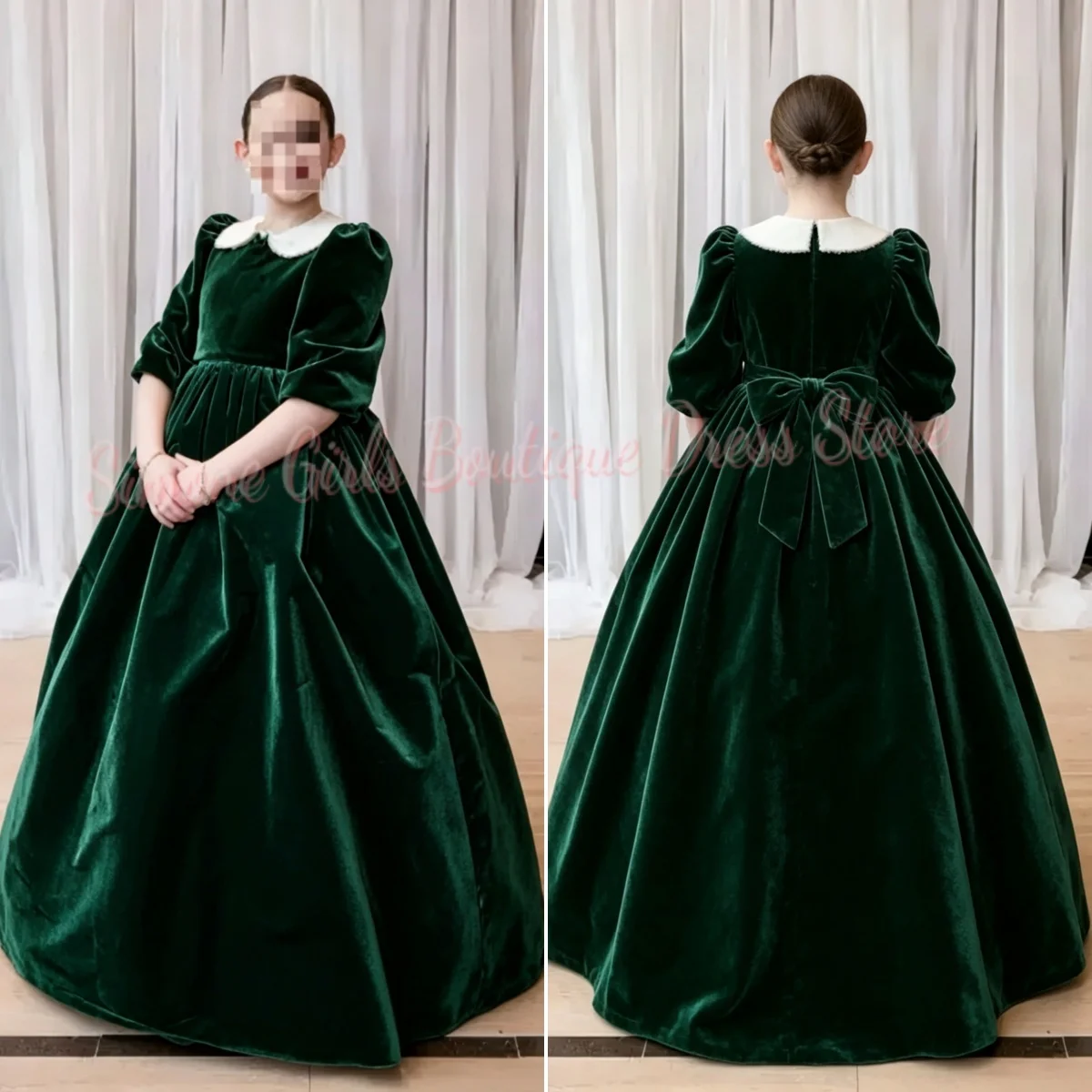 Green Girl Gown Flower Girl Dress For Wedding Half Sleeves Velvet First Communion Birthday Party High Neck Ball Gown Customized