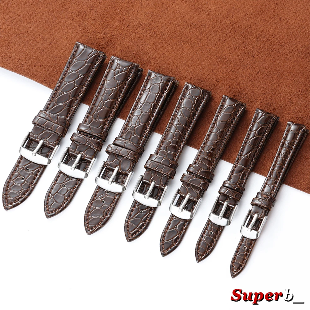 Handmade Crocodile Pattern Leather Strap Ultra Thin 12 14 16 18 19 20 22MM Watch Band Men's Black Brown Genuine Leather Bracelet