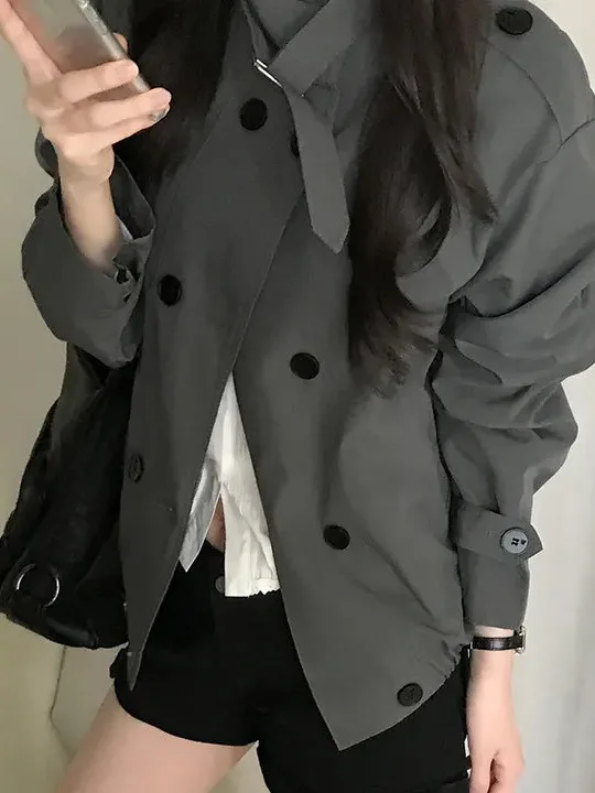Chic Short Loose Women's Windbreaker Coat Autumn New Style Retro Collar Double Button Design Versatile Korean Style Outerwear