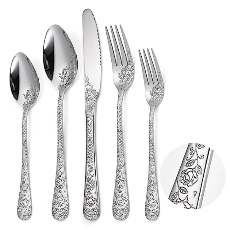 

Набор столовых приборов из 30 предметов из нержавеющей стали с изысканным гравированным цветочным узором для ресторанов