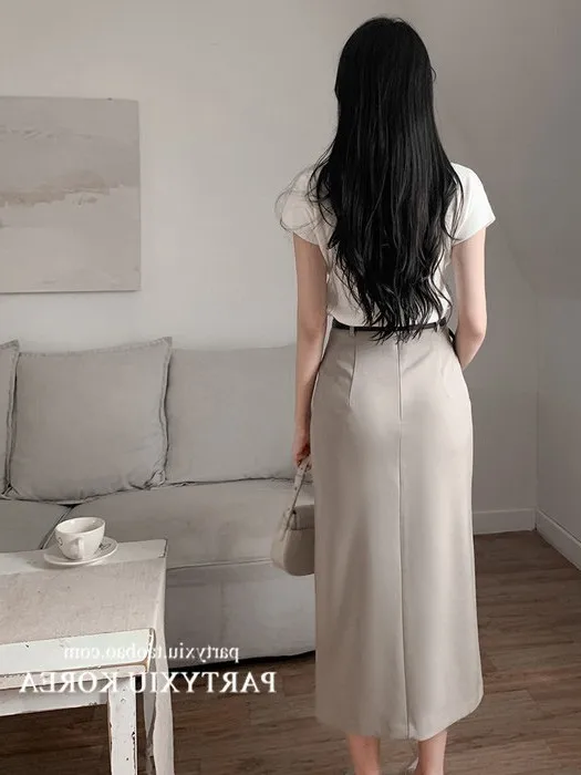 High Waist Pure Color Long Split Half Skirt Women's Korean Style Commute High Waist Inner Lined Skirt Daily Wear Polyester