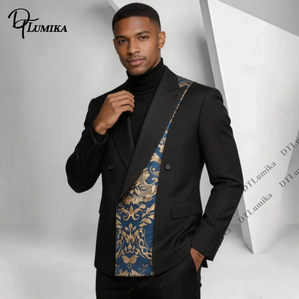 Made To Measure Men Suit 2 Pieces Black Blazer Pants Unique Pattern Lapel Double Breasted Jacket Wedding Guest Party Prom Tuxedo view 2