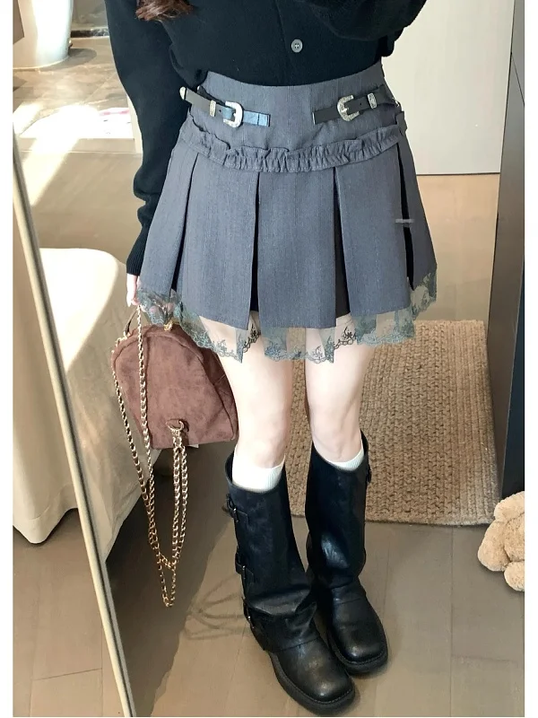 

Юбка А-силуэта с высокой талией, с кружевными вставками, плиссированная, короткая, универсальная, в корейском стиле, для повседневной носки и офиса