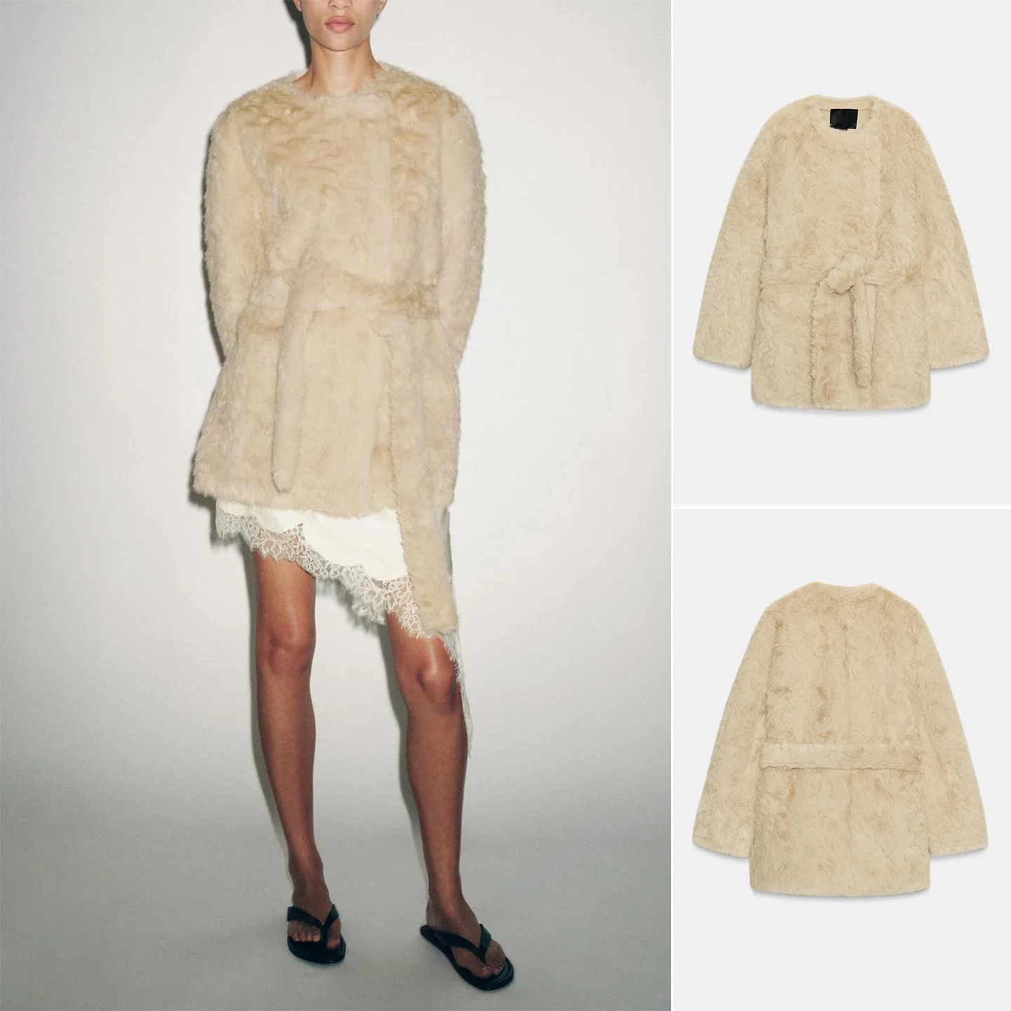 

Осенне-зимнее женское длинное пальто из искусственного меха с поясом, повседневное свободное пальто средней длины без бренда