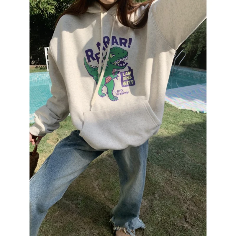 

Women Grey Hooded Sweatshirt Printing Drawstring Vintage Long Sleeve Korean Fashion Casual Y2K 2023 Autumn Female Pullover Tops
