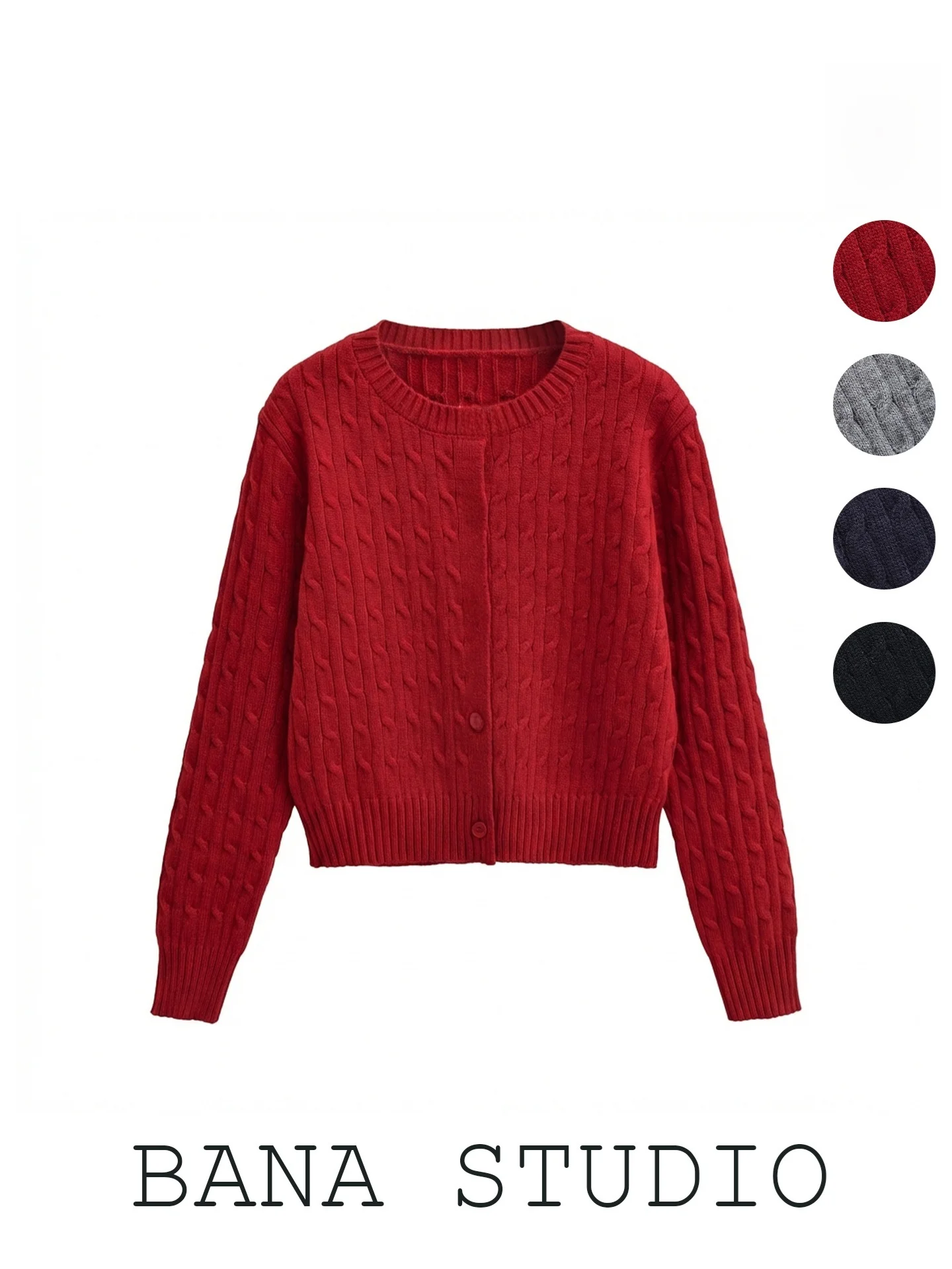 Red Knitted Short Sweater Coat for Women round Neck BANA Tailor Single Piece Spring 2026 New Style Cleanfit Soft Acrylic Blend
