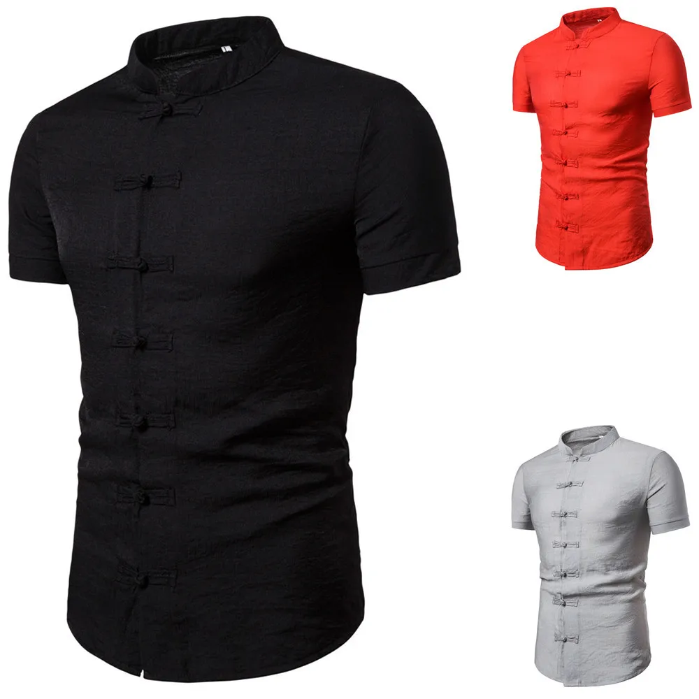 

Summer Men's Chinese Style Retro Buckle Short-sleeved Stand-up Collar Shirt Casual Retro Style Chinese Style