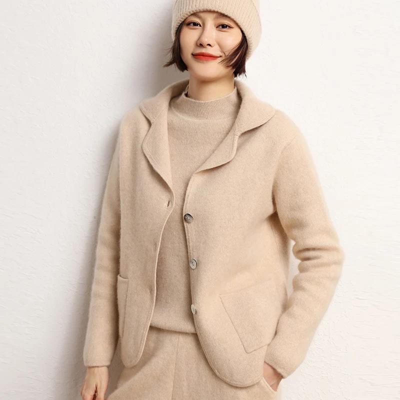 Women Cardigan 100% Cashmere Knitted Coat Autumn Turn-down Collar Warm Jacket Long Sleeve Soft Sweater Solid Color Loose Outwear