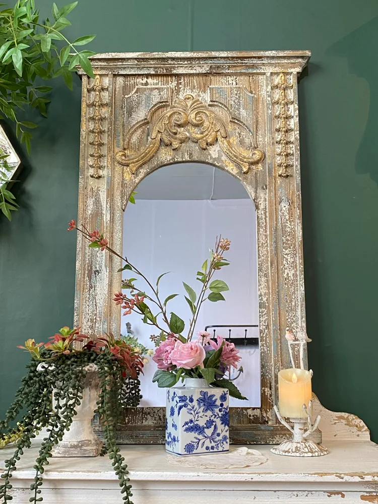 Shabby and Chic Wooden Framed Wall Mirror: French-Inspired Artistic Decor - 26.4” x 41.3