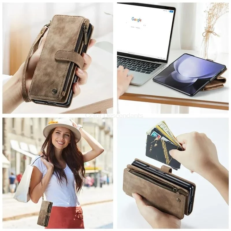 Luxury Lanyard Leather Zipper Wallet Card Phone Case For Samsung Galaxy Z Fold 6 5 4 Fold6 Fold5 Fold4 Purse Flip Stand Cover