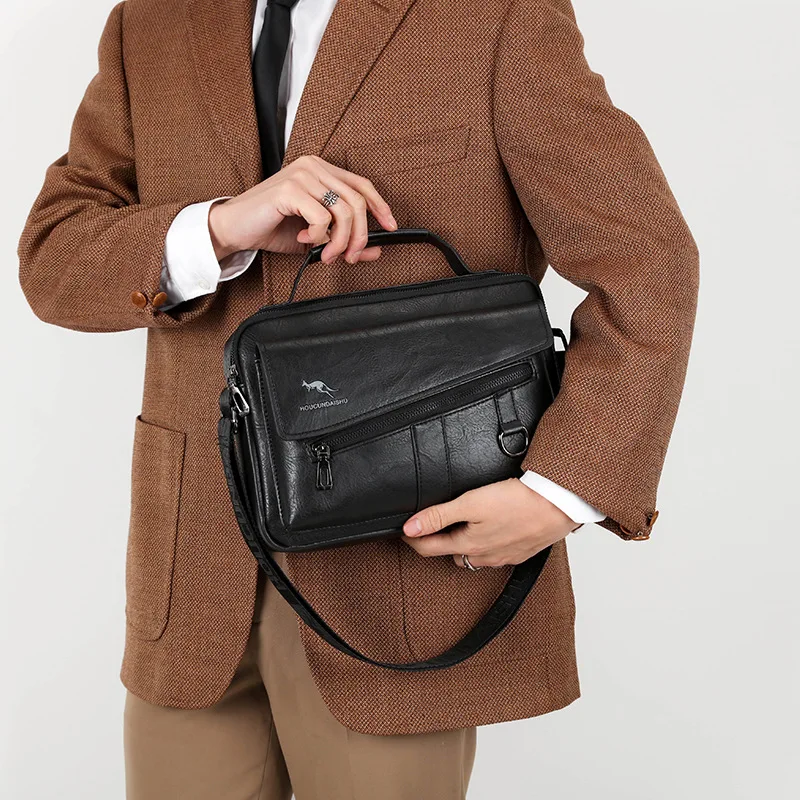 Shoulder Briefcase for Man PU Leather Vintage Tote Handbag Porter Messenger Crossbody Square Side Phone Pouch Portable Bag Male
