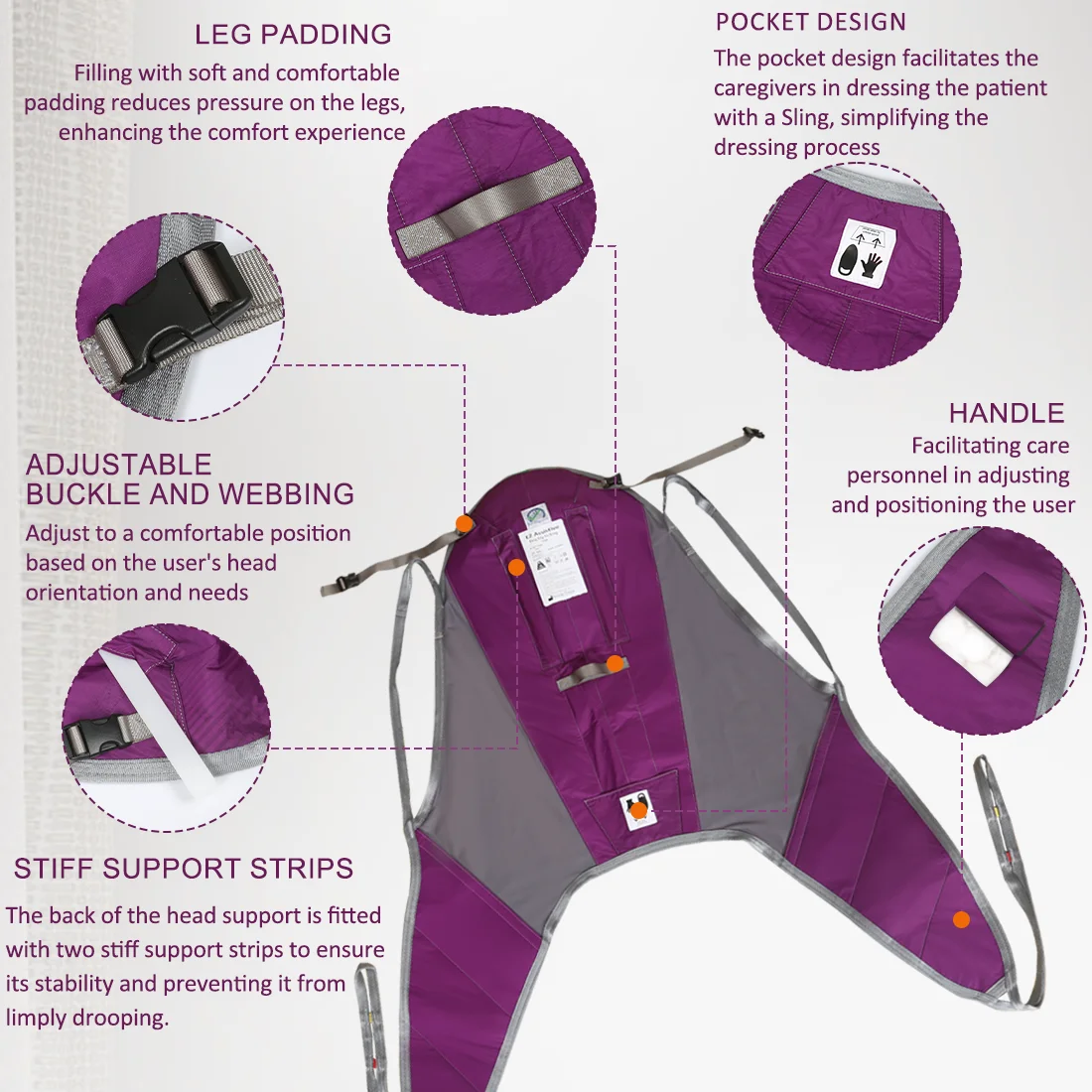 Ehucon Imbracatura per gambe divisa per sollevamento paziente durevole Imbracatura per paranco di trasferimento con supporto per la schiena alta per anziani Capacità di peso di 500 libbre