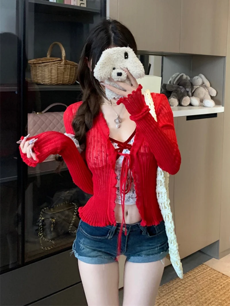 สีเหลืองเสื้อคาร์ดิแกนถักแขนยาวผู้หญิงฤดูใบไม้ร่วงใหม่เสื้อกันหนาวบางป้องกันแสงแดดแจ๊กเก็ต SLIM FIT TOP OUTERWEAR