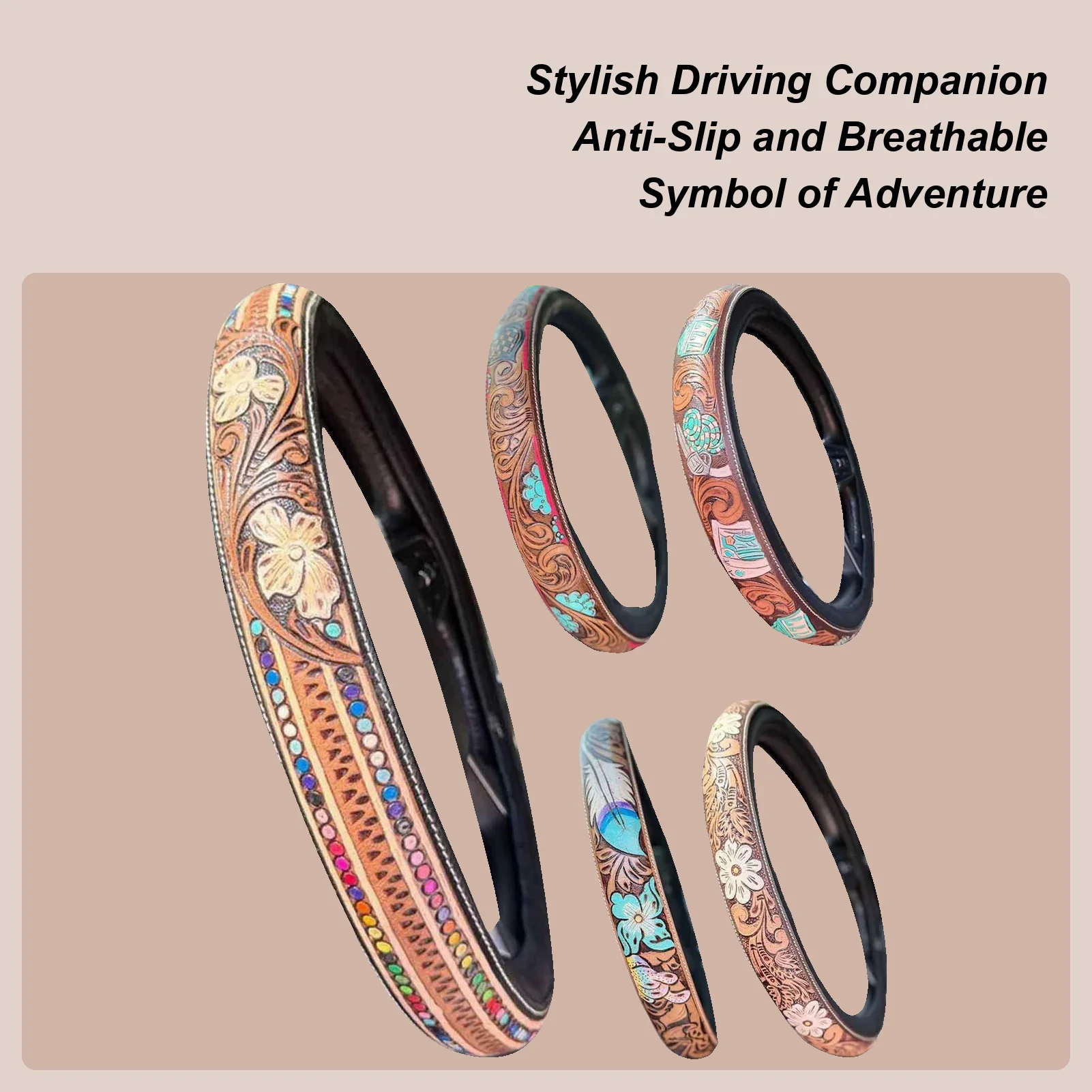 

Western Cowboy Steering Wheel Cover Breathable Anti-Slip Leather Feel Cover for Summer & Long Drives Fun Car Interior Decoration