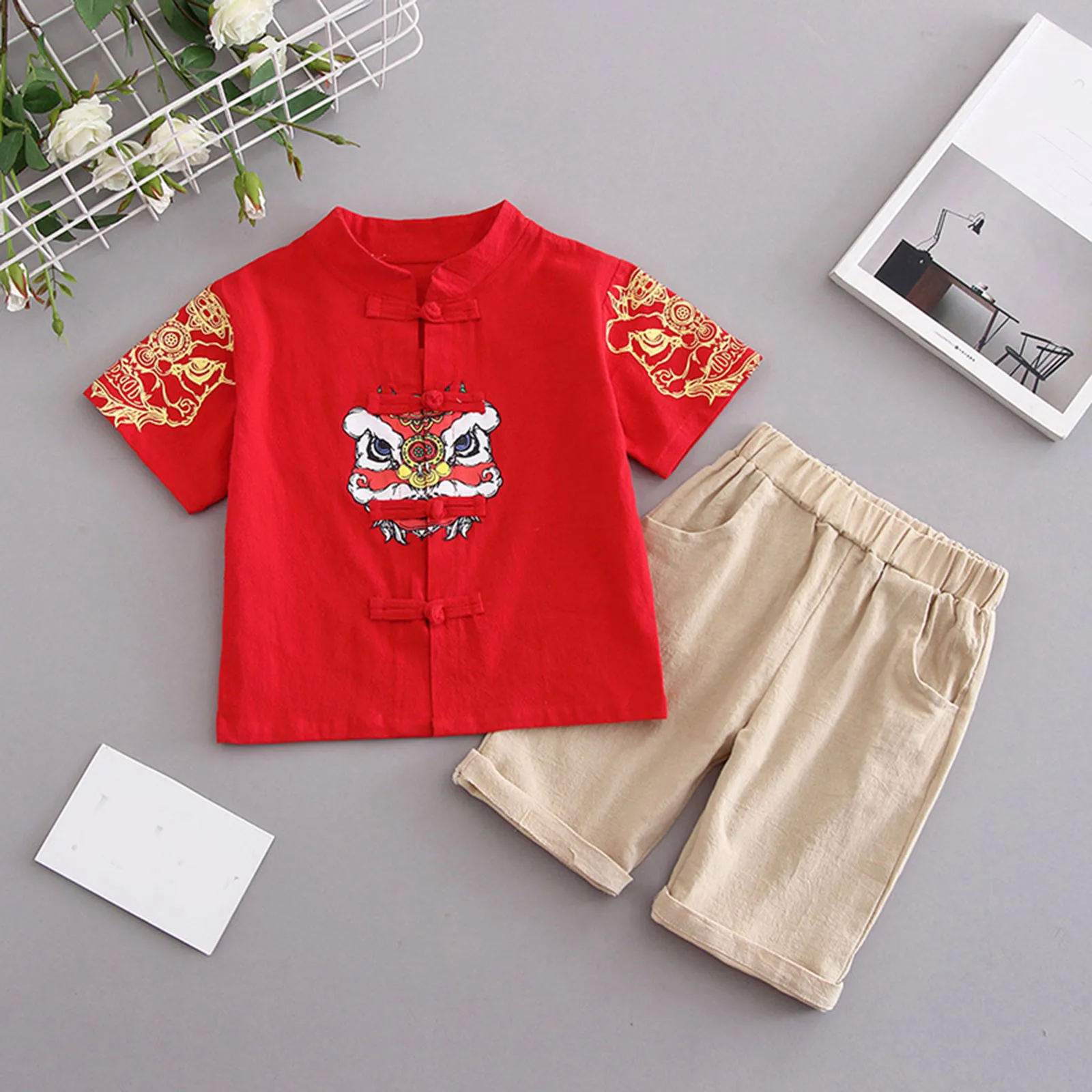 2Pcs Toddler Baby Boys Clothes Set Chinese Traditional Tang Suit Kids New Year Clothing Dragon Embroidery Short Sleeve Top+Pants