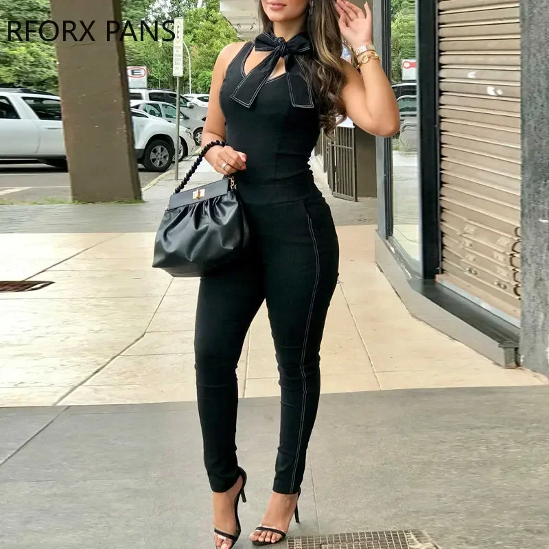 Women Elegant bright line decoratiom bow sleeveless Black pencil pants Jumpsuit