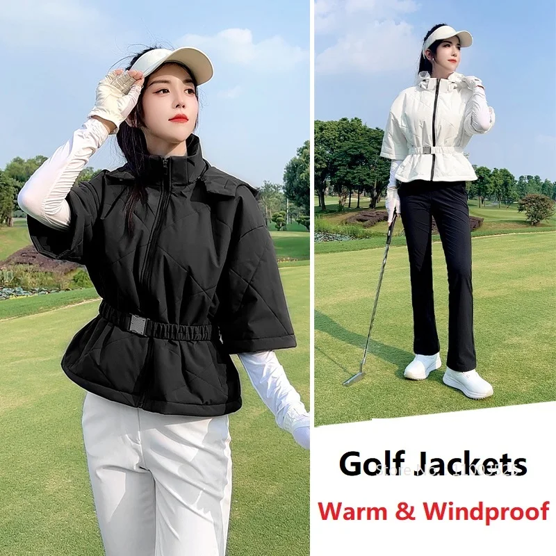 Pgm Women Golf Jackets Warm Thicken Winter Golf Coat Ladies Half Sleeve Hooded Baseball Windbreakers Slim Waist Sports Jersey