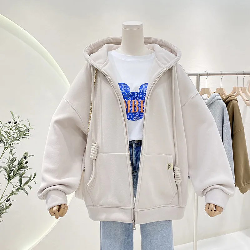 

2024 New Hoodie Women's Autumn/Winter Korean Edition Lazy Style Loose Plush Hoodie Coat Zipper Fashion Casual Top Women's Wear