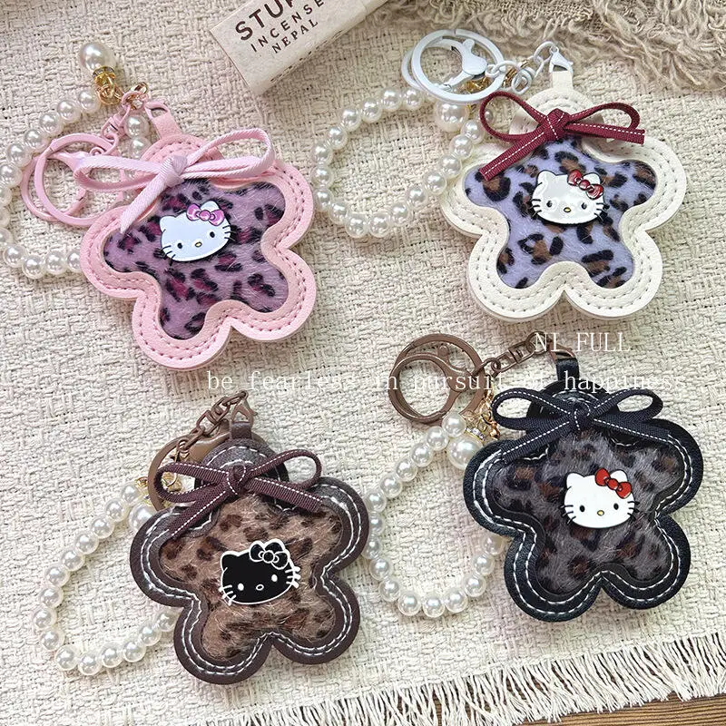 

Kawaii Hellokitty Keychain Korean Retro Floral Color Leopard Print Design Cute Bow Fashion Bag Pendant Ornament for Girls