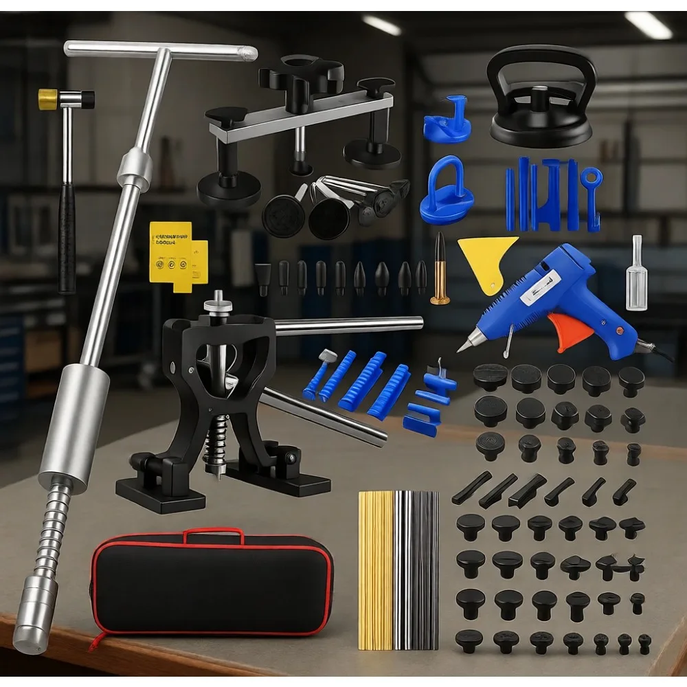 

Paintless Dent Removal Kit with T-Bar Bridge Puller Rubber Hammer 100W Glue Gun Auto Body Hail Door Ding DIY Repair Tools