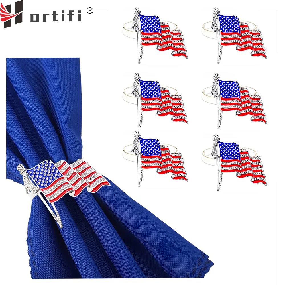 6Pcs America Flag Napkin Rings Rhinestone Independence Day Napkin Holder Silver Napkin Buckles for 4th of July Party Table Decor