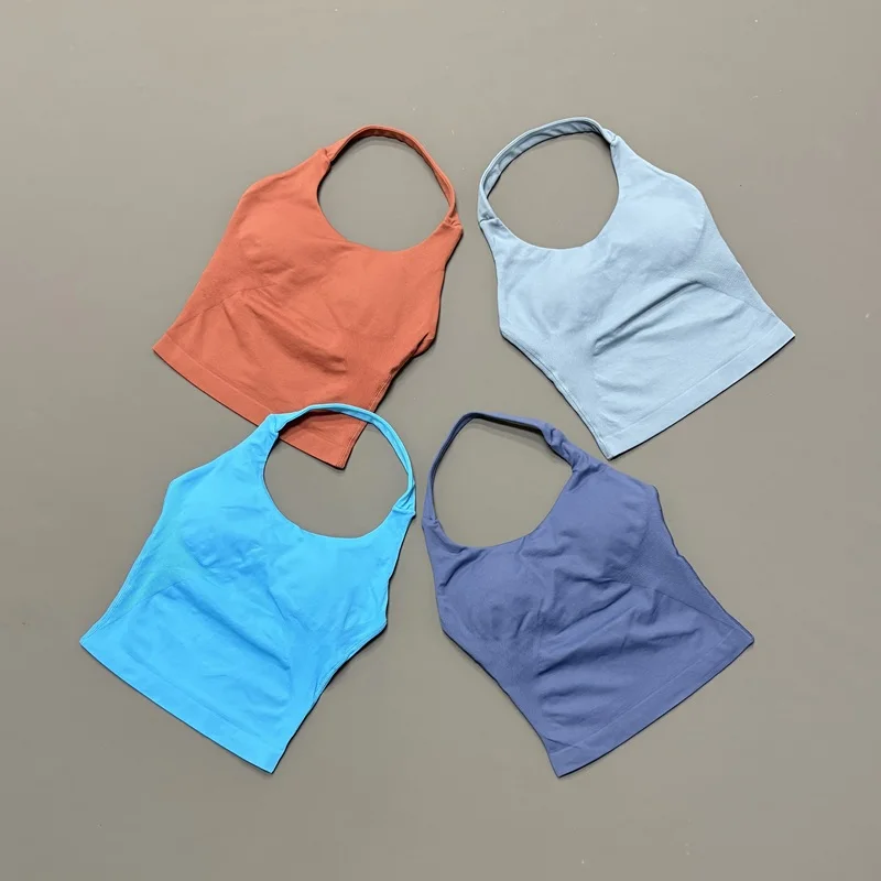 HISTELLO Halter Top Women Fitness Vest Sexy Backless Strappy Removable Pads High Stretch Gym Training Running Pilates Sports Top