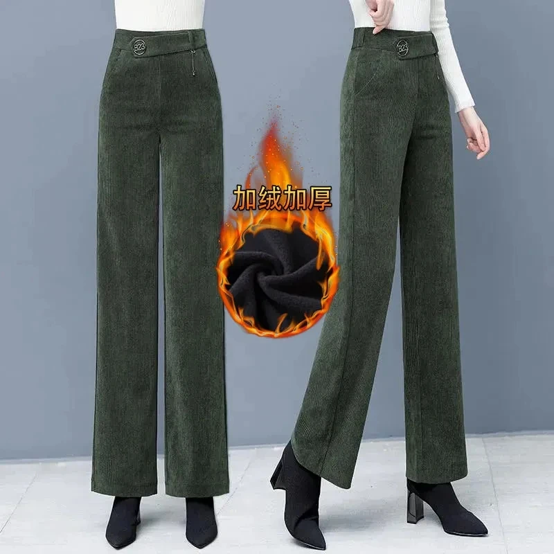 Autumn Fashion Velvet Baggy Pantalon Elegant Winter Thick Corduroy Pants Women Office Work Warm Elastic High Waist Wide Leg Pant