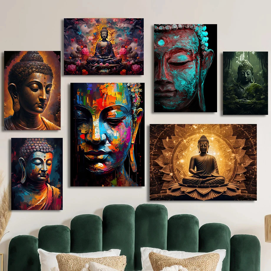 1PCS frameless Canvas paintingAbstract Meditating Buddha Statue Sitting Lotus Religious Poster Canvas Painting Wall Art Pictu