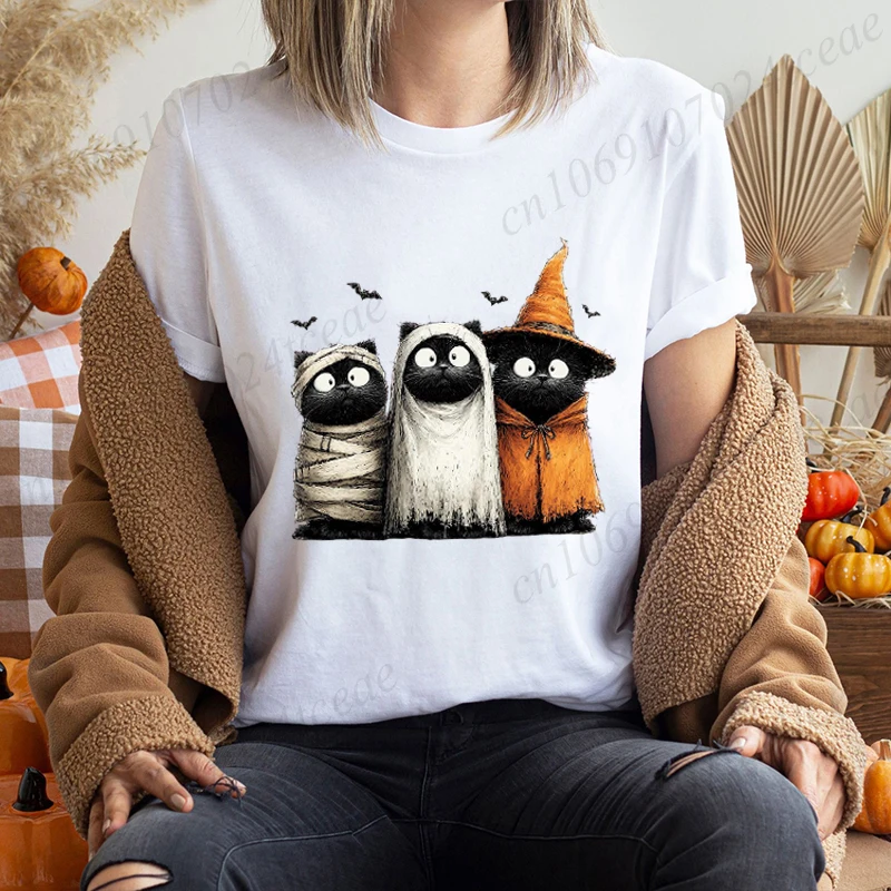 

Women's New Fashion Clothes T-shirt Halloween Cat Graphic T Shirts Tops Witch Cats Pumpkin Harajuku Vintage Tee Shirts Clothes