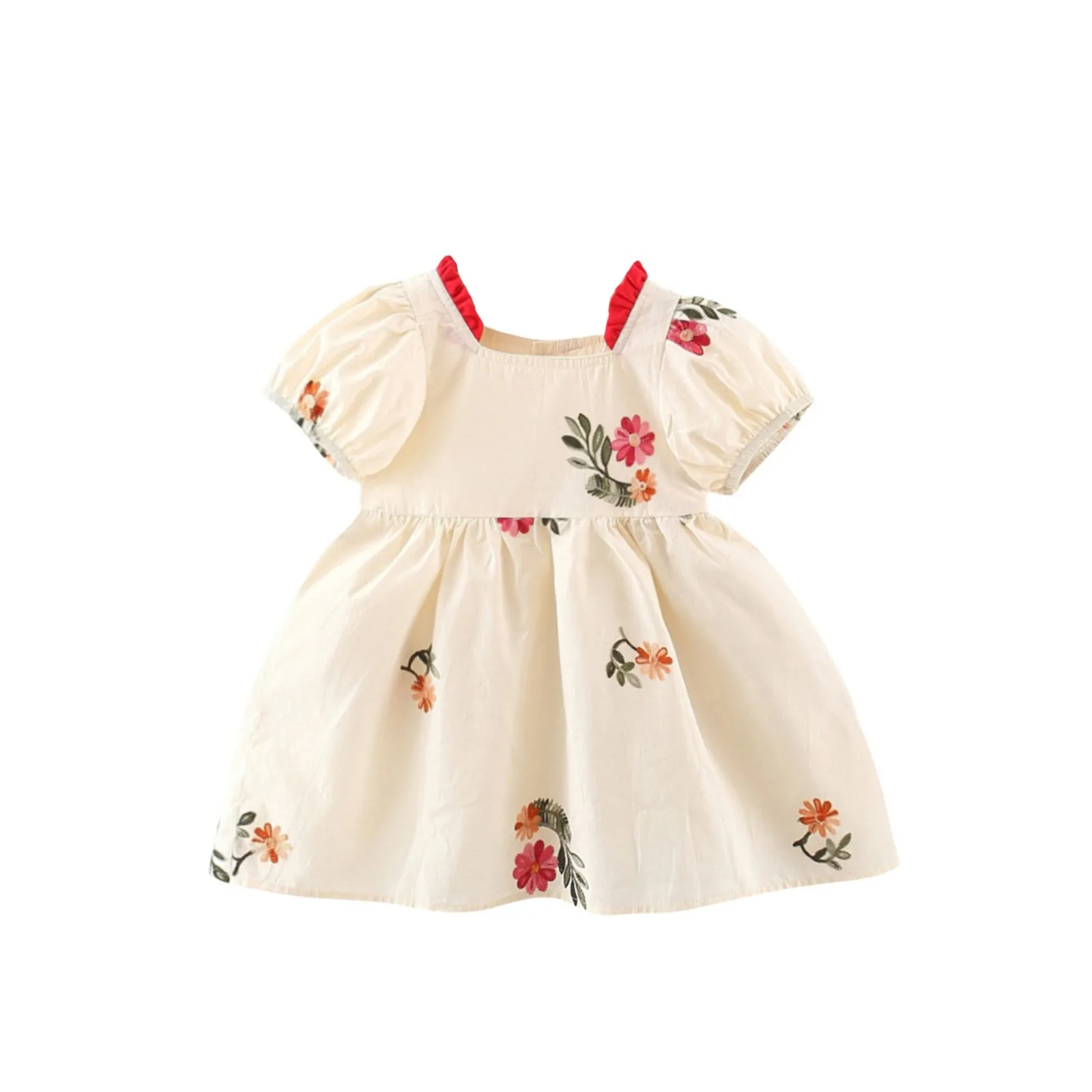

Summer girl sweet fresh dress baby girl flower and leaf embroidered collar patchwork lace bubble sleeves princess dress