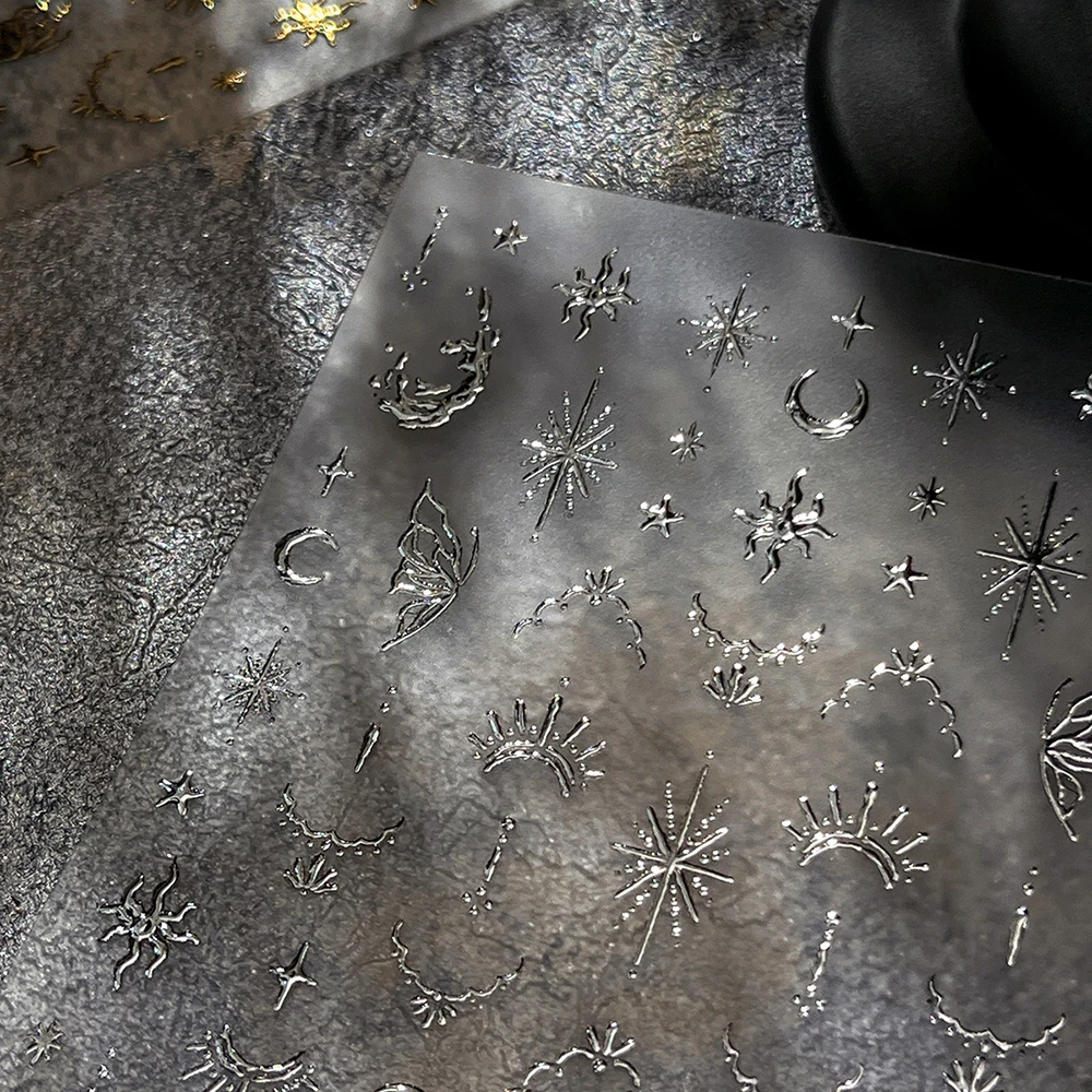 1 stks Hot Stamping Sterren Maan Nail Art Sticker Goud Zilver Griekse Stijl Zon Vlinder Nail Decals Zelfklevende glanzende Nail Decora