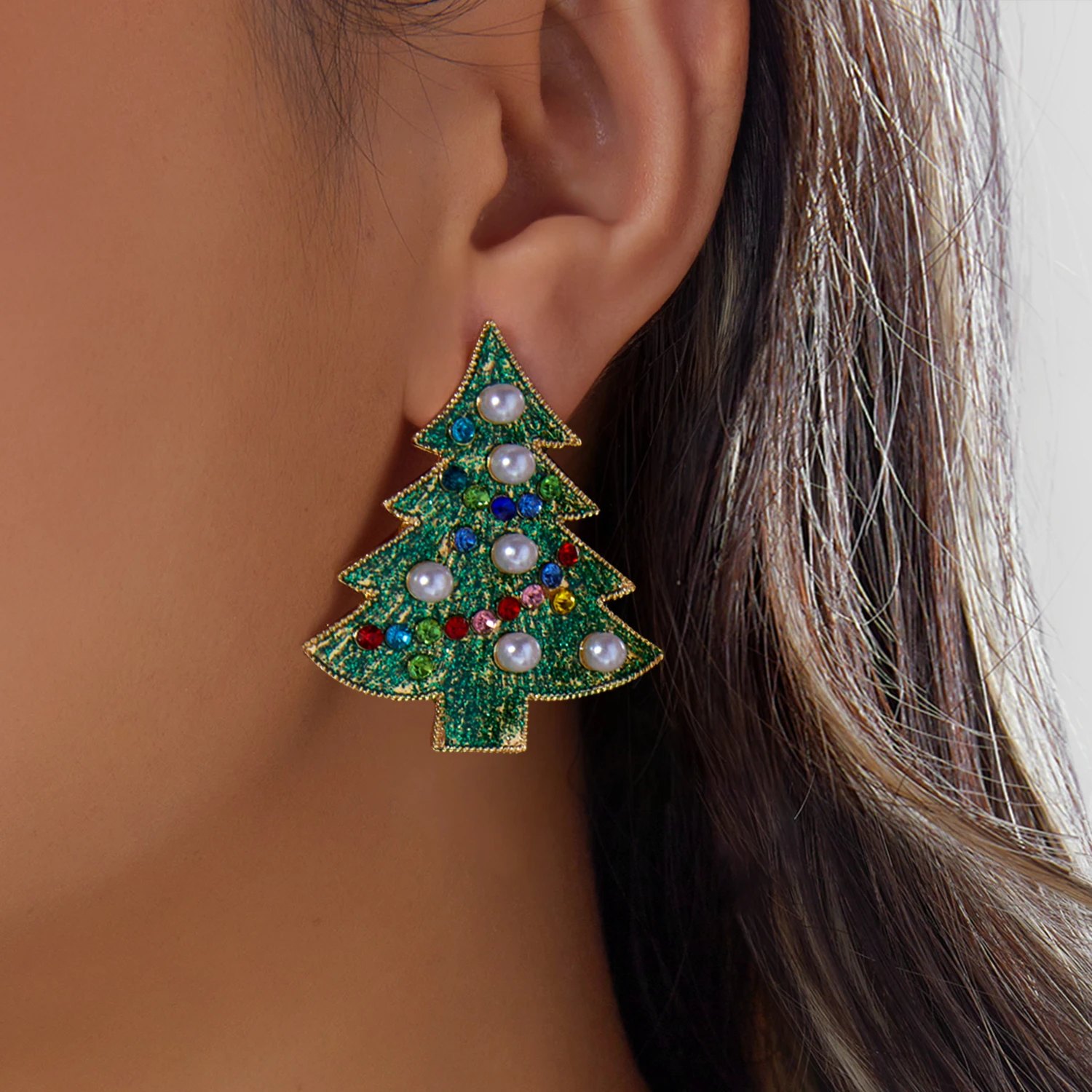 Klassische grüne Emaille-Weihnachtsbaum-Ohrhänger für Damen, bunte Strass-Imitationsperlen-Weihnachtsbaum-Ohrringe, Schmuckgeschenke – Detail 4